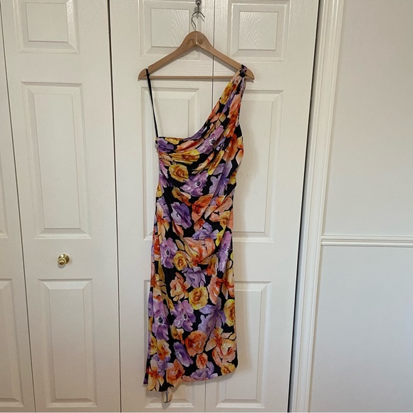 Anthropologie NWT Geisha Floral Satin Pleated One Shoulder Beaded Midi Dress XL - Picture 2 of 9